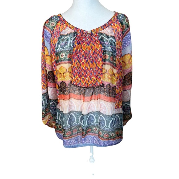 Fig And Flower Women's Multicolor Mixed Media Bohemian Blouse Medium Sheer EUC - Picture 1 of 9